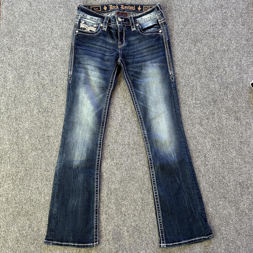 Rock Revival Leni Boot Jeans Womens 27 Blue Medium Wash Low Rise Bootcut Stretch